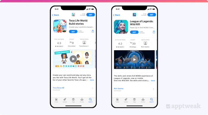 Toca Life World and League of Legends’ App Store product pages.